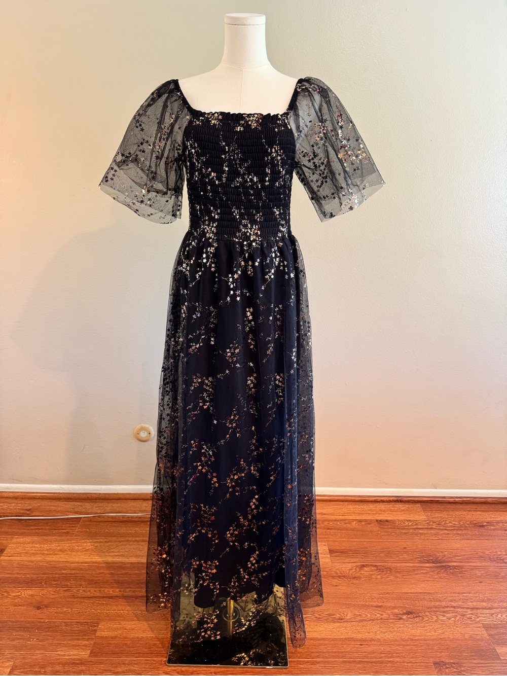 NWT Baltic Born Cassandra Tulle Maxi Dress - Metallic Black